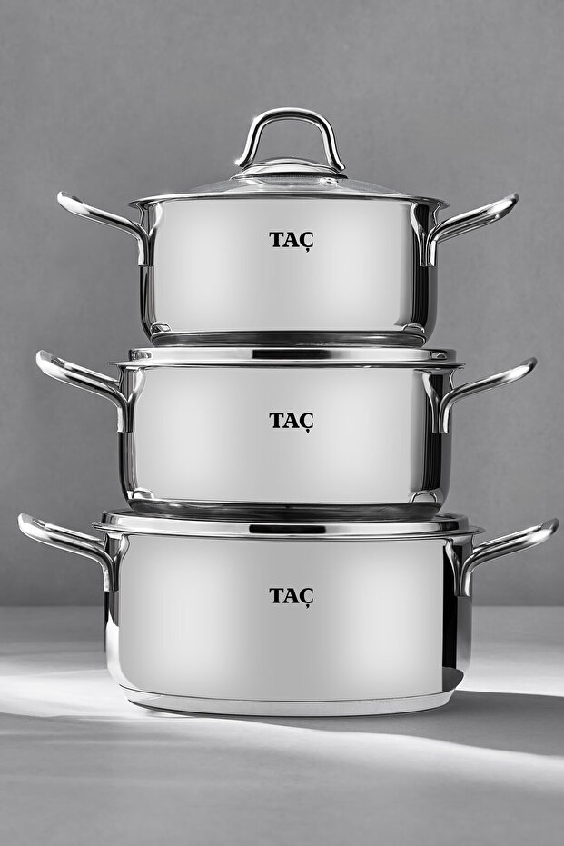 Taç Bengü Pro İndüksiyon Tabanlı 6 Parça Paslanmaz Çelik Tencere Seti (16-18-20 cm)